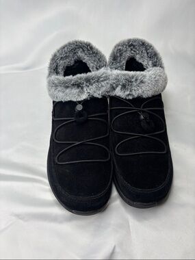Aetrex Chrissy Black Suede Faux Fur Slip On Booties Arch Support Women Sz 10